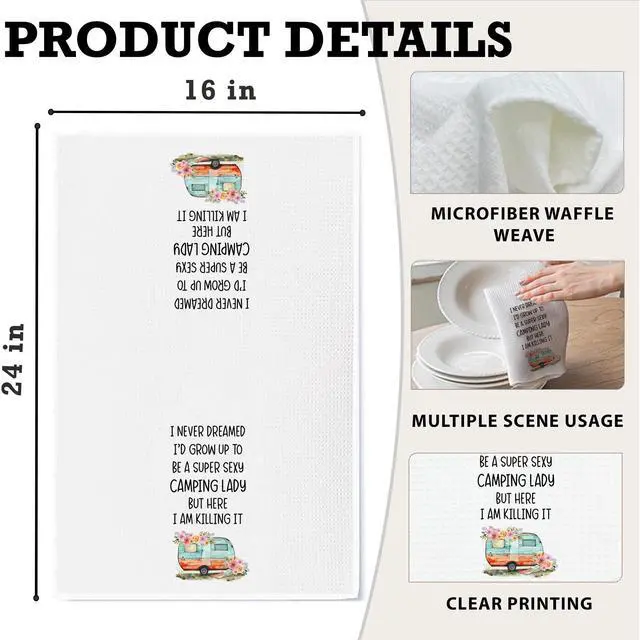Alt view image 2 of 6 - Camping Kitchen Towels 16x24 Waffle Weave, I Never Dreamed Id Grow Up to Be a Super Sexy Camping Lady Dish Towels, Camp RV Gifts for Women, Gifts for Campers -A01