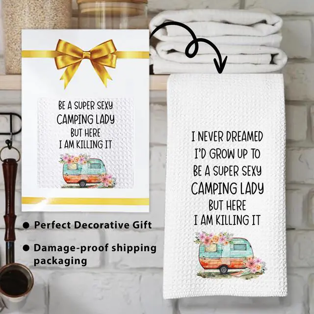 Alt view image 3 of 6 - Camping Kitchen Towels 16x24 Waffle Weave, I Never Dreamed Id Grow Up to Be a Super Sexy Camping Lady Dish Towels, Camp RV Gifts for Women, Gifts for Campers -A01