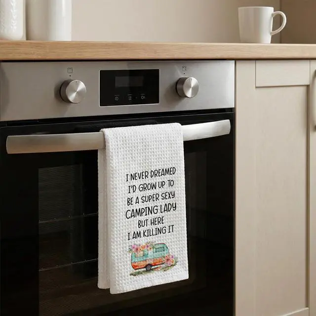 Alt view image 5 of 6 - Camping Kitchen Towels 16x24 Waffle Weave, I Never Dreamed Id Grow Up to Be a Super Sexy Camping Lady Dish Towels, Camp RV Gifts for Women, Gifts for Campers -A01