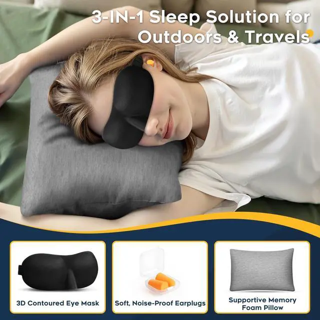 Alt view image 2 of 7 - Camping Pillow Set with Travel Pillow, Eye Mask, Earplugs Small
