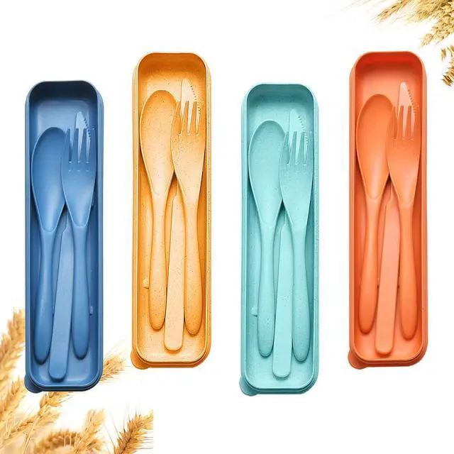 Main image of Reusable Travel Utensils Set with Case, 4 Sets Wheat Straw Portable Knife Fork Spoons Cutlery, Eco-Friendly BPA Free Plastic Tableware for Kids Adults Travel Picnic Camping Utensils