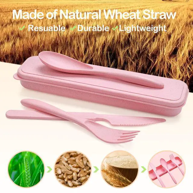 Alt view image 2 of 7 - Reusable Travel Utensils Set with Case, 4 Sets Wheat Straw Portable Knife Fork Spoons Cutlery, Eco-Friendly BPA Free Plastic Tableware for Kids Adults Travel Picnic Camping Utensils