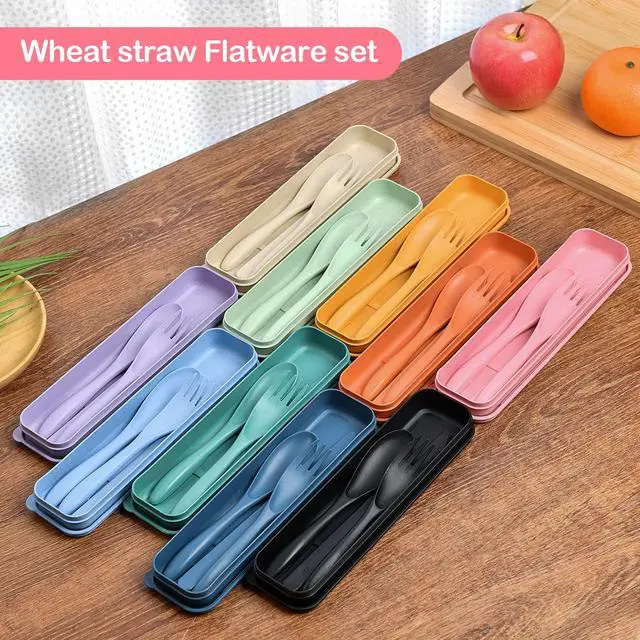 Alt view image 6 of 7 - Reusable Travel Utensils Set with Case, 4 Sets Wheat Straw Portable Knife Fork Spoons Cutlery, Eco-Friendly BPA Free Plastic Tableware for Kids Adults Travel Picnic Camping Utensils