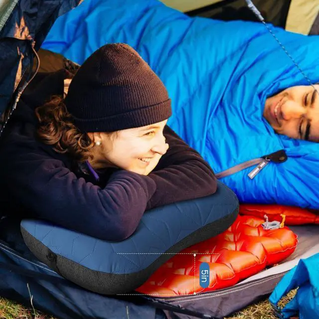 Alt view image 2 of 6 - Inflatable Camping Pillow with Removable Washable Cover, Ultralight Compact Air Pillow for Backpacking, Hiking, Travel & Camping, Ergonomic Neck and Lumbar Support Blow Up Pillow Blue