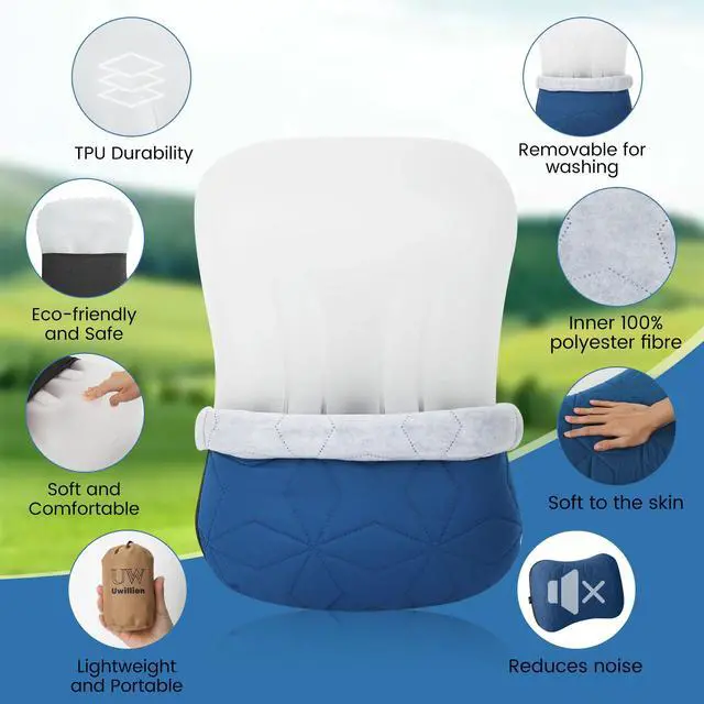 Alt view image 5 of 6 - Inflatable Camping Pillow with Removable Washable Cover, Ultralight Compact Air Pillow for Backpacking, Hiking, Travel & Camping, Ergonomic Neck and Lumbar Support Blow Up Pillow Blue