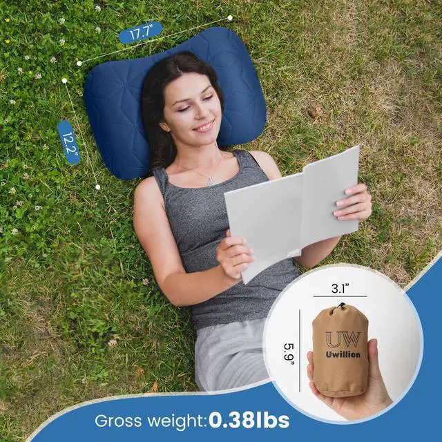 Alt view image 6 of 6 - Inflatable Camping Pillow with Removable Washable Cover, Ultralight Compact Air Pillow for Backpacking, Hiking, Travel & Camping, Ergonomic Neck and Lumbar Support Blow Up Pillow Blue