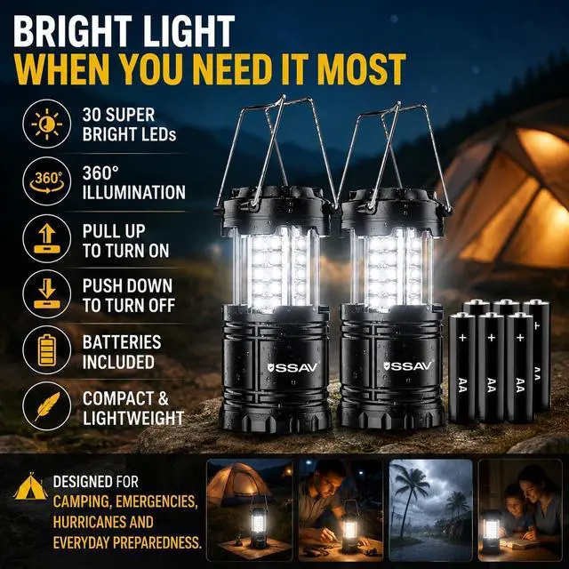 Alt view image 5 of 7 - 2 Pack LED Camping Lantern, Emergency Lanterns for Power Outages & Hurricane Preparedness, Collapsible Portable Survival Lights for Camping, Storms & Emergencies (Batteries Included, Black)