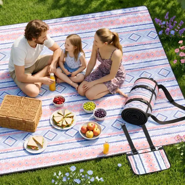 Main image of Large 80"x80" Waterproof Picnic Blanket, Sandproof Beach Mat with 5-Layer Material, Portable Foldable Design with Storage Pocket, Adjustable Shoulder Strap for Camping, Hiking, Travel, Blue