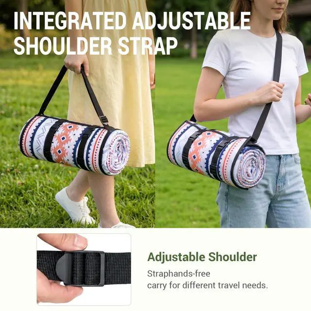 Alt view image 3 of 7 - Large 80"x80" Waterproof Picnic Blanket, Sandproof Beach Mat with 5-Layer Material, Portable Foldable Design with Storage Pocket, Adjustable Shoulder Strap for Camping, Hiking, Travel, Blue