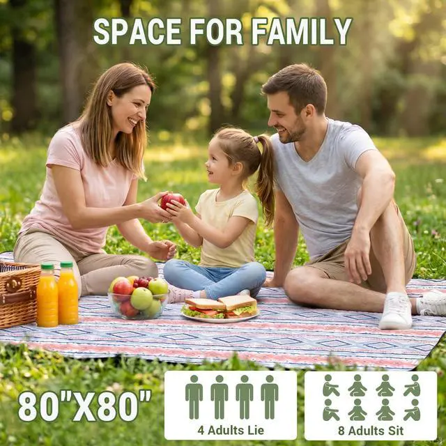 Alt view image 7 of 7 - Large 80"x80" Waterproof Picnic Blanket, Sandproof Beach Mat with 5-Layer Material, Portable Foldable Design with Storage Pocket, Adjustable Shoulder Strap for Camping, Hiking, Travel, Blue