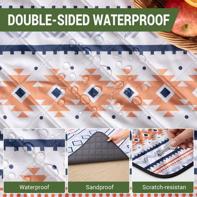 Alt view image 5 of 7 - Large 80"x80" Waterproof Picnic Blanket, Sandproof Beach Mat with 5-Layer Material, Portable Foldable Design with Storage Pocket, Adjustable Shoulder Strap for Camping, Hiking, Travel, Blue
