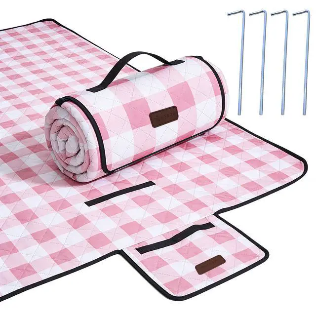 Main image of Outdoor Picnic Blanket, Extra Large, 80''x60'' Waterproof Foldable Blankets Gingham Picnic Mat for Beach, Camping Grass Lawn Park Accessories Cute Couple Ideas Wedding (Pink, 80x60)