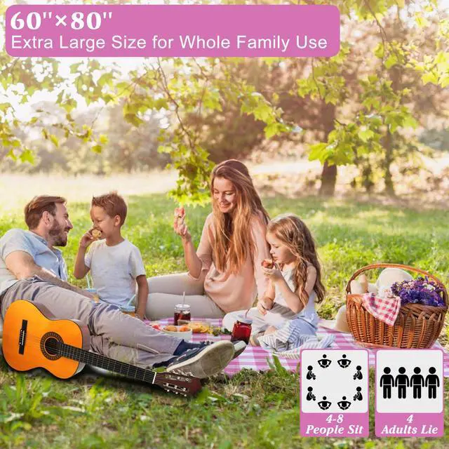 Alt view image 2 of 7 - Outdoor Picnic Blanket, Extra Large, 80''x60'' Waterproof Foldable Blankets Gingham Picnic Mat for Beach, Camping Grass Lawn Park Accessories Cute Couple Ideas Wedding (Pink, 80x60)