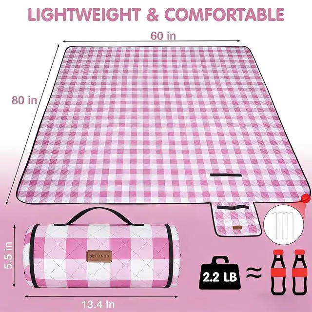 Alt view image 3 of 7 - Outdoor Picnic Blanket, Extra Large, 80''x60'' Waterproof Foldable Blankets Gingham Picnic Mat for Beach, Camping Grass Lawn Park Accessories Cute Couple Ideas Wedding (Pink, 80x60)