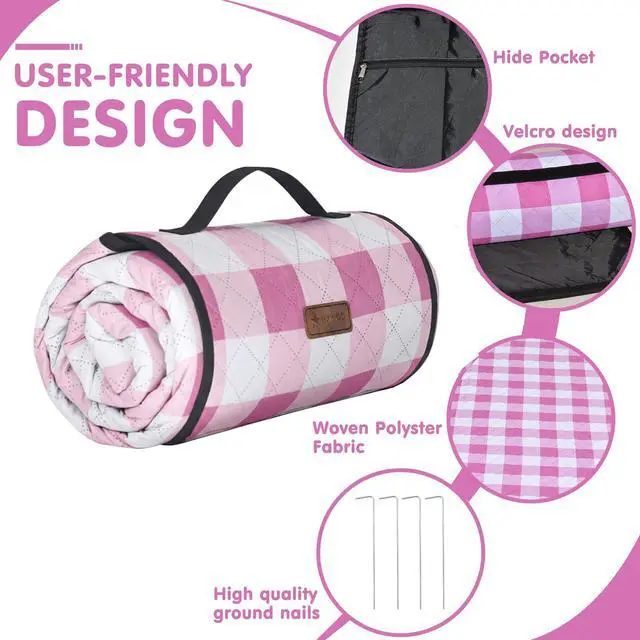 Alt view image 4 of 7 - Outdoor Picnic Blanket, Extra Large, 80''x60'' Waterproof Foldable Blankets Gingham Picnic Mat for Beach, Camping Grass Lawn Park Accessories Cute Couple Ideas Wedding (Pink, 80x60)