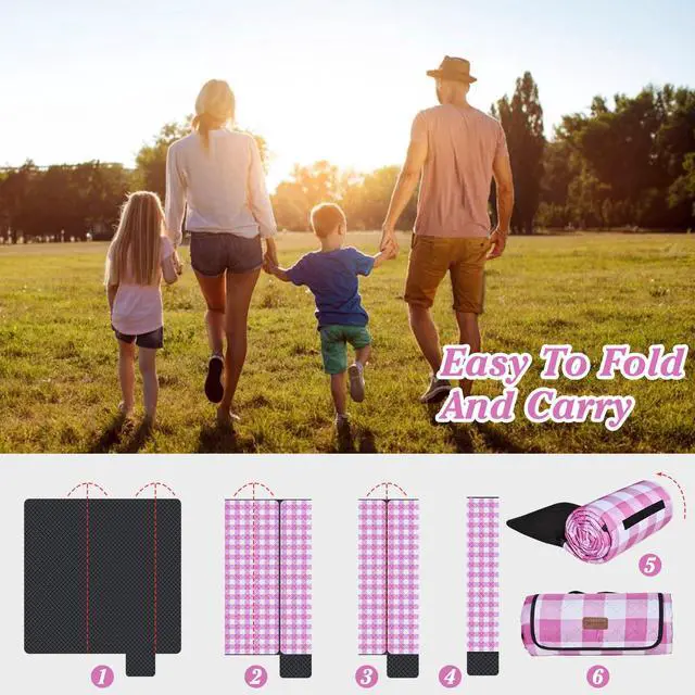 Alt view image 6 of 7 - Outdoor Picnic Blanket, Extra Large, 80''x60'' Waterproof Foldable Blankets Gingham Picnic Mat for Beach, Camping Grass Lawn Park Accessories Cute Couple Ideas Wedding (Pink, 80x60)