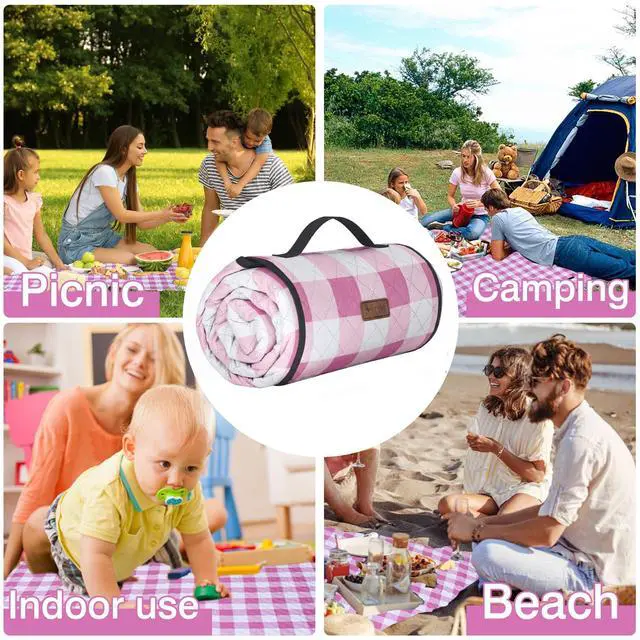 Alt view image 7 of 7 - Outdoor Picnic Blanket, Extra Large, 80''x60'' Waterproof Foldable Blankets Gingham Picnic Mat for Beach, Camping Grass Lawn Park Accessories Cute Couple Ideas Wedding (Pink, 80x60)