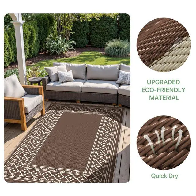 Alt view image 7 of 7 - Outdoor Rug, Waterproof Plastic Rugs for Patio, 5'x8' Coffee Beige