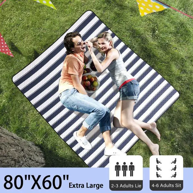 Alt view image 2 of 7 - Outdoor Picnic Blanket Extra Large, 80x60 Waterproof Picnic Mat Foldable Camping Blanket Portable with Carry Strap for Beach Mat (Bule)