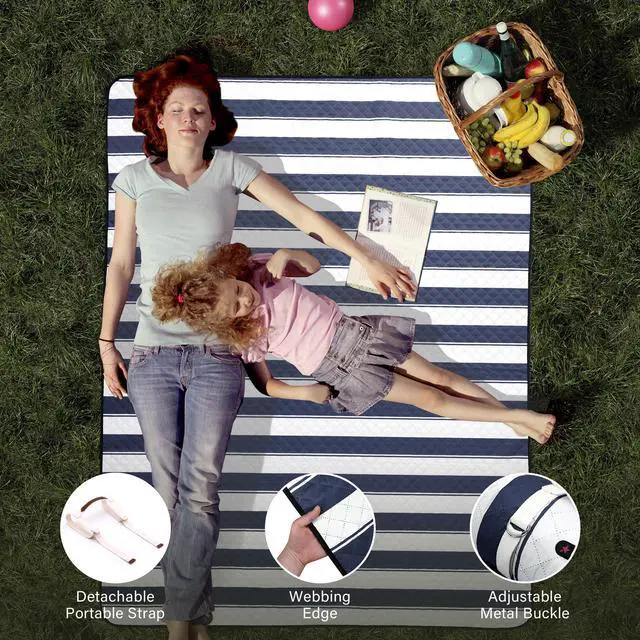 Alt view image 6 of 7 - Outdoor Picnic Blanket Extra Large, 80x60 Waterproof Picnic Mat Foldable Camping Blanket Portable with Carry Strap for Beach Mat (Bule)