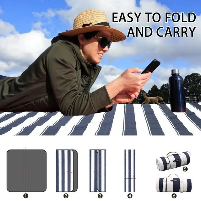 Alt view image 7 of 7 - Outdoor Picnic Blanket Extra Large, 80x60 Waterproof Picnic Mat Foldable Camping Blanket Portable with Carry Strap for Beach Mat (Bule)