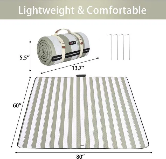 Alt view image 3 of 7 - Outdoor Picnic Blanket Extra Large, 80''*60'' Waterproof Picnic Mat with Stakes Foldable Camping Blanket Portable with Carry Strap for Beach Mat (Green& White, 80''*60'')