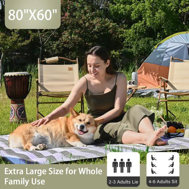 Alt view image 2 of 7 - Outdoor Picnic Blanket Extra Large, 80''*60'' Waterproof Picnic Mat with Stakes Foldable Camping Blanket Portable with Carry Strap for Beach Mat (Green& White, 80''*60'')