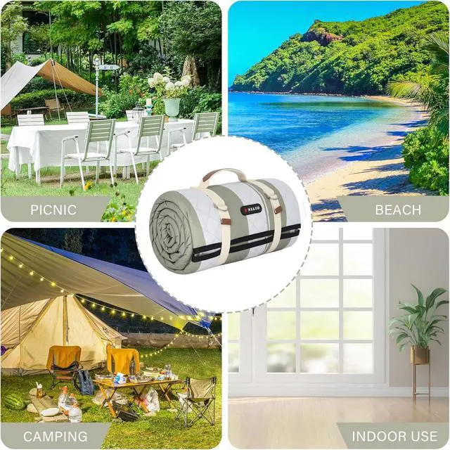 Alt view image 7 of 7 - Outdoor Picnic Blanket Extra Large, 80''*60'' Waterproof Picnic Mat with Stakes Foldable Camping Blanket Portable with Carry Strap for Beach Mat (Green& White, 80''*60'')