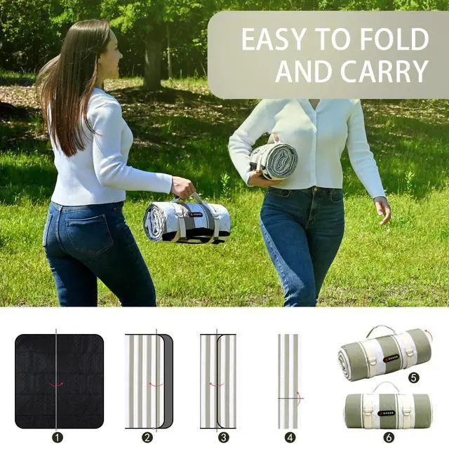 Alt view image 6 of 7 - Outdoor Picnic Blanket Extra Large, 80''*60'' Waterproof Picnic Mat with Stakes Foldable Camping Blanket Portable with Carry Strap for Beach Mat (Green& White, 80''*60'')