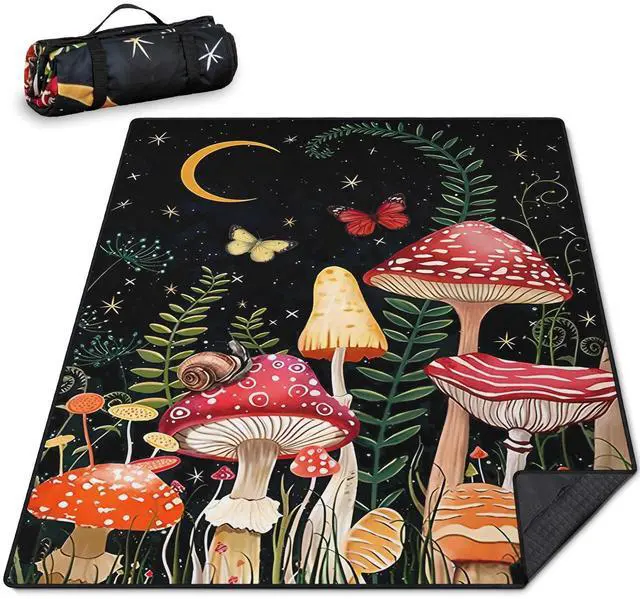 Main image of Mushroom Picnic Blankets Waterproof Foldable Picnic Outdoor Blanket 80"x 60" Picnic Mat 3-Layer Thicking Outdoor Foldable Blankets Sandproof Lightweight Beach Blankets with Strap Machine Washable