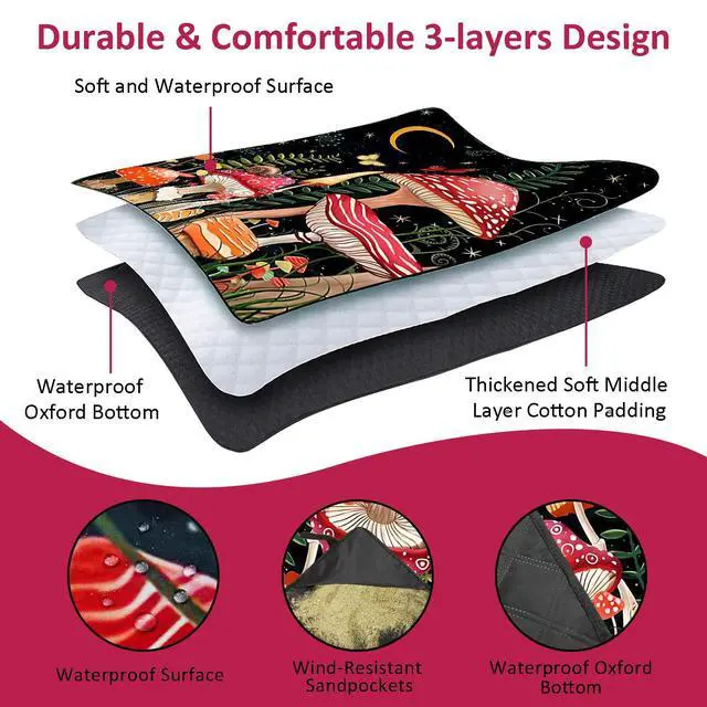 Alt view image 2 of 7 - Mushroom Picnic Blankets Waterproof Foldable Picnic Outdoor Blanket 80"x 60" Picnic Mat 3-Layer Thicking Outdoor Foldable Blankets Sandproof Lightweight Beach Blankets with Strap Machine Washable