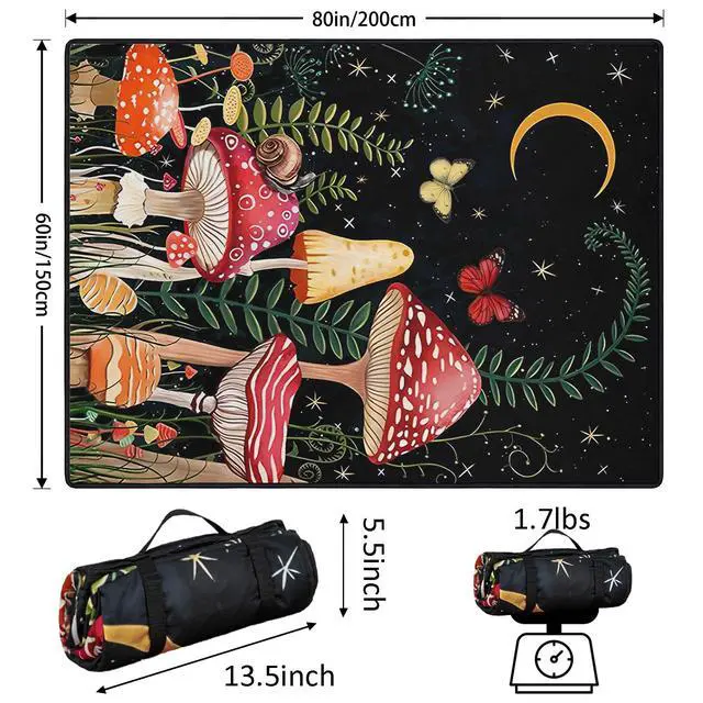 Alt view image 3 of 7 - Mushroom Picnic Blankets Waterproof Foldable Picnic Outdoor Blanket 80"x 60" Picnic Mat 3-Layer Thicking Outdoor Foldable Blankets Sandproof Lightweight Beach Blankets with Strap Machine Washable