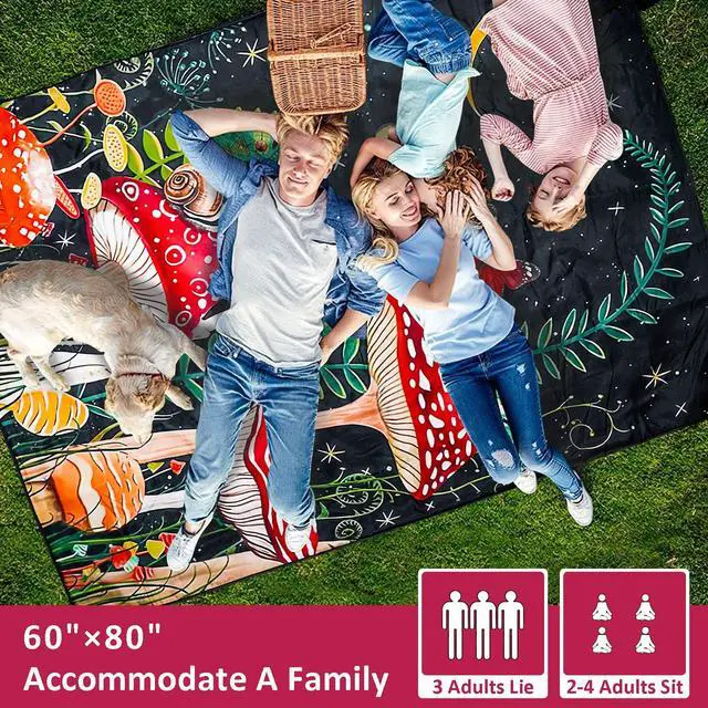 Alt view image 4 of 7 - Mushroom Picnic Blankets Waterproof Foldable Picnic Outdoor Blanket 80"x 60" Picnic Mat 3-Layer Thicking Outdoor Foldable Blankets Sandproof Lightweight Beach Blankets with Strap Machine Washable