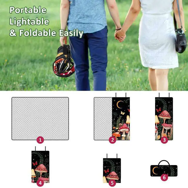Alt view image 5 of 7 - Mushroom Picnic Blankets Waterproof Foldable Picnic Outdoor Blanket 80"x 60" Picnic Mat 3-Layer Thicking Outdoor Foldable Blankets Sandproof Lightweight Beach Blankets with Strap Machine Washable