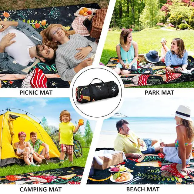 Alt view image 6 of 7 - Mushroom Picnic Blankets Waterproof Foldable Picnic Outdoor Blanket 80"x 60" Picnic Mat 3-Layer Thicking Outdoor Foldable Blankets Sandproof Lightweight Beach Blankets with Strap Machine Washable