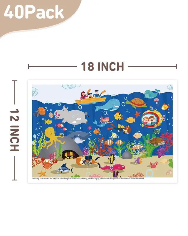 Alt view image 7 of 7 - Disposable Stick-on Placemats 40 Pack for Baby & Kids & Toddler, Sticky Placemats Restaurant Table Mats 12" x 18" (Seabed Scuba)