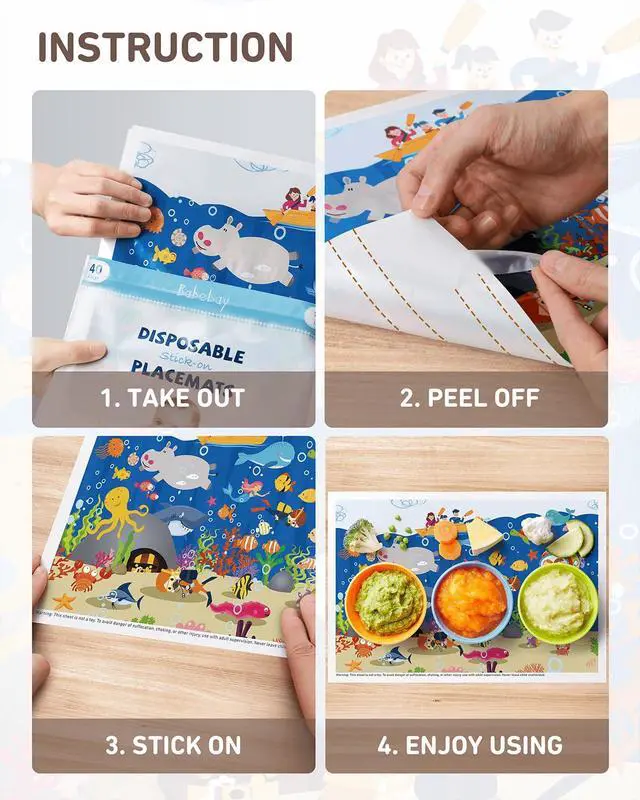 Alt view image 6 of 7 - Disposable Stick-on Placemats 40 Pack for Baby & Kids & Toddler, Sticky Placemats Restaurant Table Mats 12" x 18" (Seabed Scuba)
