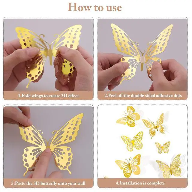 Alt view image 6 of 7 - 3D Butterfly Wall Decor 48 Pcs Gold Butterfly Birthday Decorations