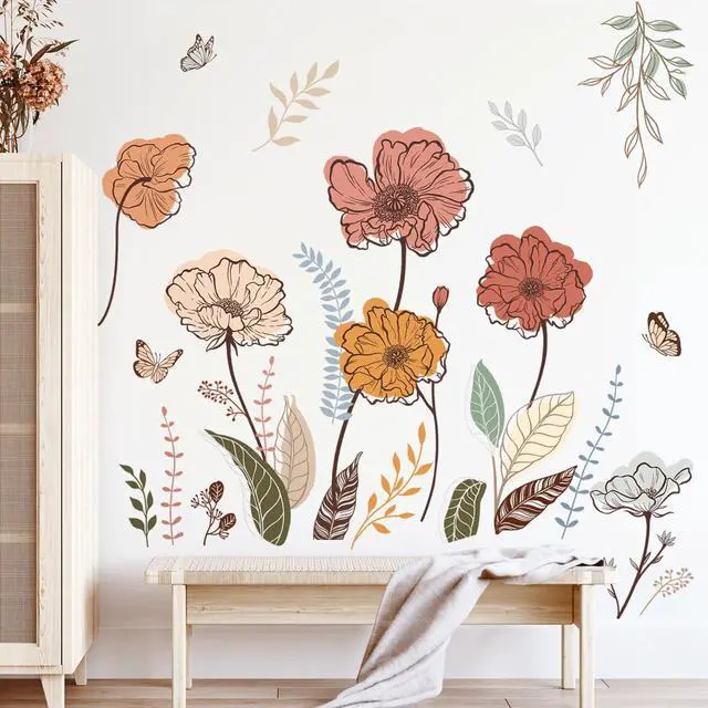 Alt view image 3 of 6 - Boho Flower Wall Stickers Wildflower Floral Grass Peel and Stick Wall Art Decals for Living Room Bedroom TV Wall
