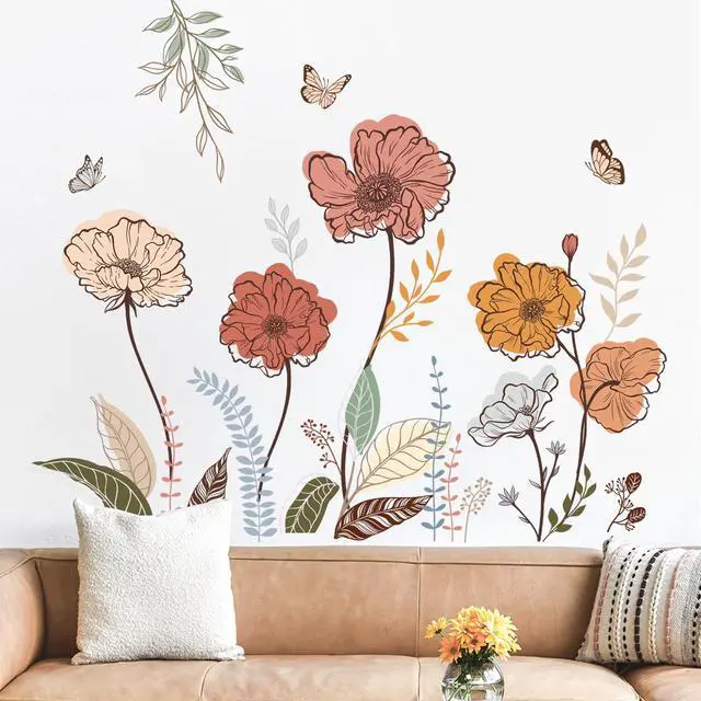 Alt view image 2 of 6 - Boho Flower Wall Stickers Wildflower Floral Grass Peel and Stick Wall Art Decals for Living Room Bedroom TV Wall