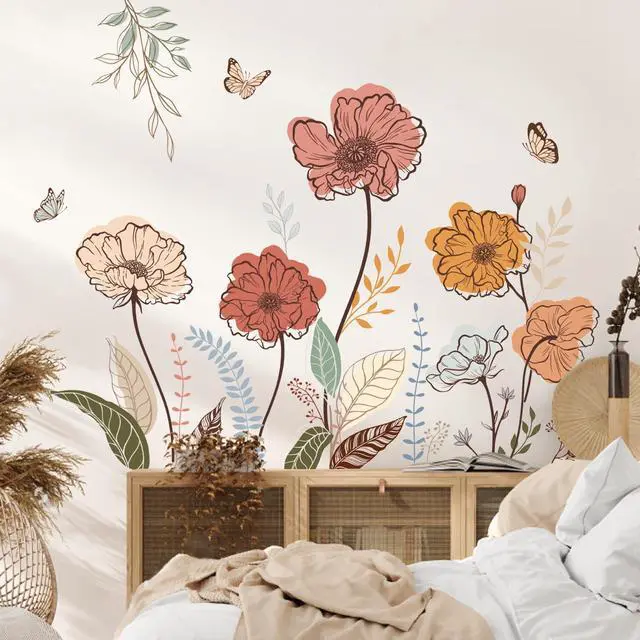 Alt view image 4 of 6 - Boho Flower Wall Stickers Wildflower Floral Grass Peel and Stick Wall Art Decals for Living Room Bedroom TV Wall