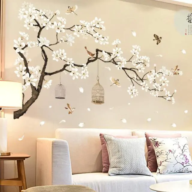 Main image of Large White Flower Wall Stickers, 50"x74" Removable DIY Romantic Cherry Blossom Tree Wall Murals Peel and Stick 3D Wall Art Stickers Home Decor for Gilrs Bedroom Nursery Rooms Living Room