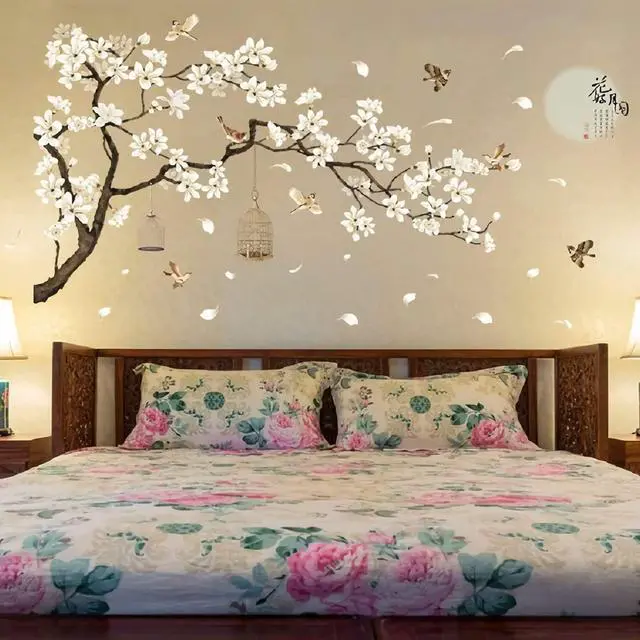 Alt view image 4 of 7 - Large White Flower Wall Stickers, 50"x74" Removable DIY Romantic Cherry Blossom Tree Wall Murals Peel and Stick 3D Wall Art Stickers Home Decor for Gilrs Bedroom Nursery Rooms Living Room