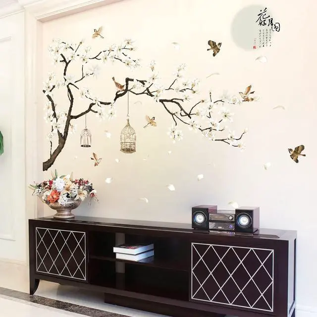 Alt view image 6 of 7 - Large White Flower Wall Stickers, 50"x74" Removable DIY Romantic Cherry Blossom Tree Wall Murals Peel and Stick 3D Wall Art Stickers Home Decor for Gilrs Bedroom Nursery Rooms Living Room