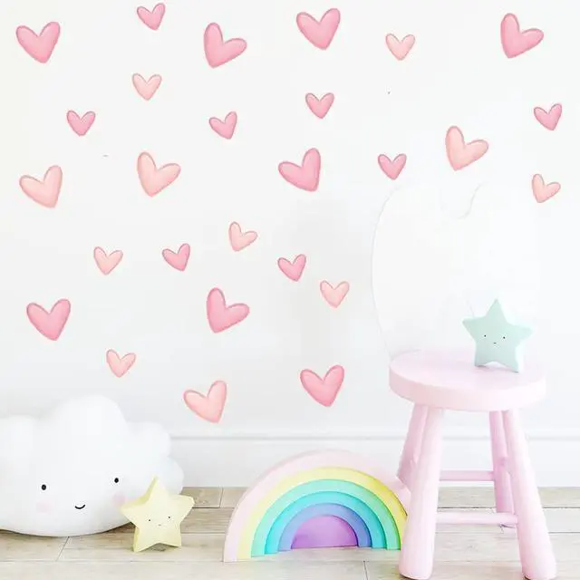 Alt view image 4 of 5 - 80pcs Pink Heart Shape Wall Stickers for Bedroom Living Room Girls Room Decoration Kids Room Baby Nursery Room Wall Decals Interior Wallpaper PVC Murals