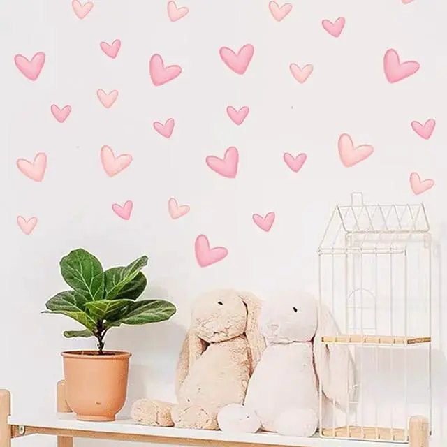 Alt view image 5 of 5 - 80pcs Pink Heart Shape Wall Stickers for Bedroom Living Room Girls Room Decoration Kids Room Baby Nursery Room Wall Decals Interior Wallpaper PVC Murals