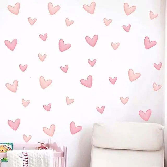Alt view image 3 of 5 - 80pcs Pink Heart Shape Wall Stickers for Bedroom Living Room Girls Room Decoration Kids Room Baby Nursery Room Wall Decals Interior Wallpaper PVC Murals