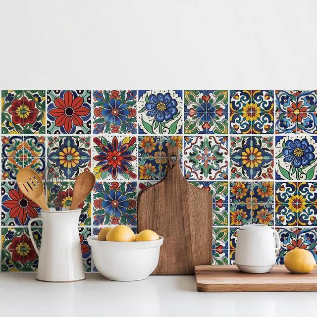 Main image of 30 Pcs Style Peel and Stick Wall Tile Decals - Waterproof Vinyl Stickers for Kitchen Backsplash, Bathroom, Stair Riser Decor - Spanish Floral Pattern - 4x4 Inch