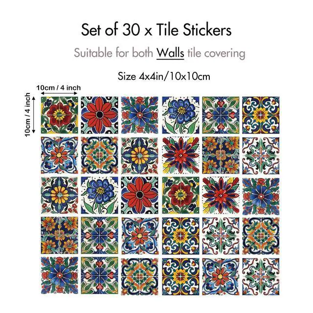 Alt view image 2 of 7 - 30 Pcs Style Peel and Stick Wall Tile Decals - Waterproof Vinyl Stickers for Kitchen Backsplash, Bathroom, Stair Riser Decor - Spanish Floral Pattern - 4x4 Inch