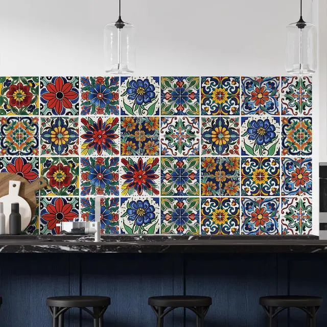 Alt view image 3 of 7 - 30 Pcs Style Peel and Stick Wall Tile Decals - Waterproof Vinyl Stickers for Kitchen Backsplash, Bathroom, Stair Riser Decor - Spanish Floral Pattern - 4x4 Inch